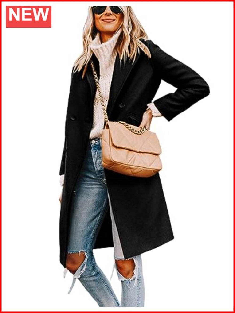 Women's Winter Wool Blend Coat Mid-Long Notch Lapel Peacoat